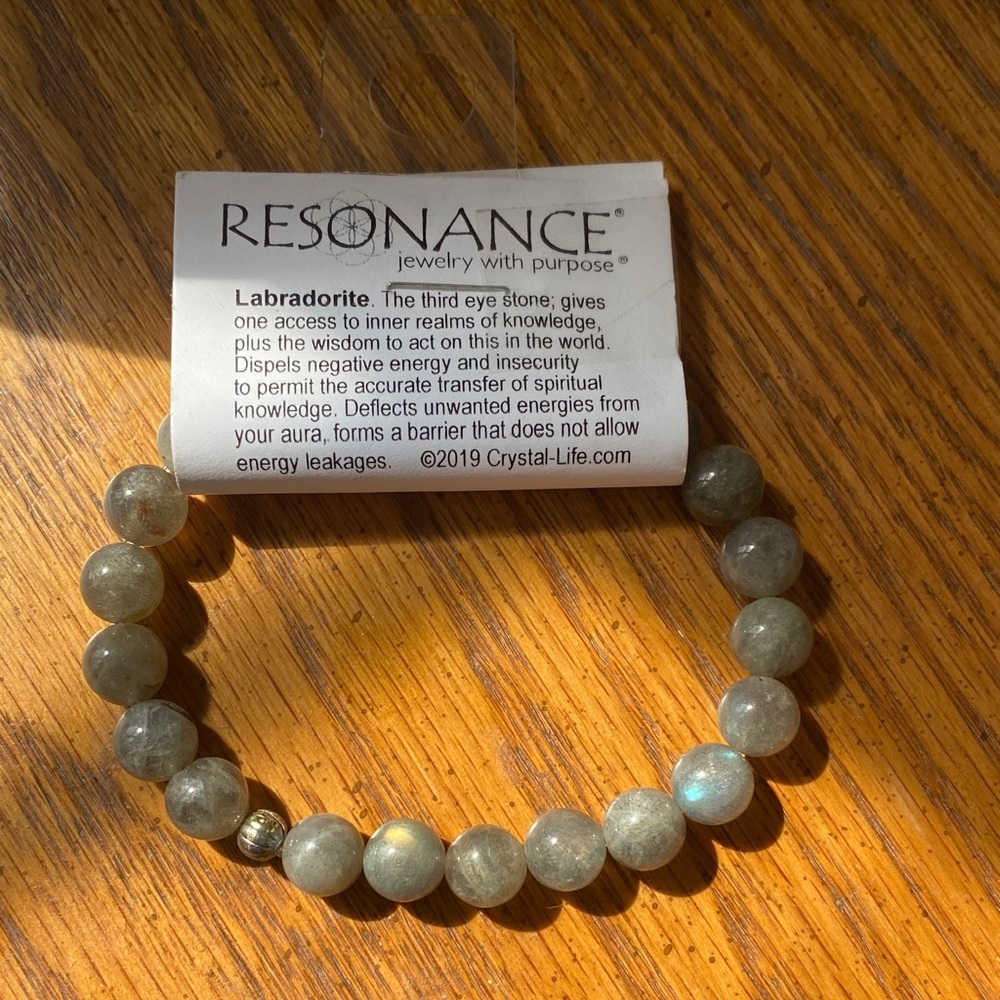 Labradorite Beaded Stretch Bracelet - Gray with Blue Flash